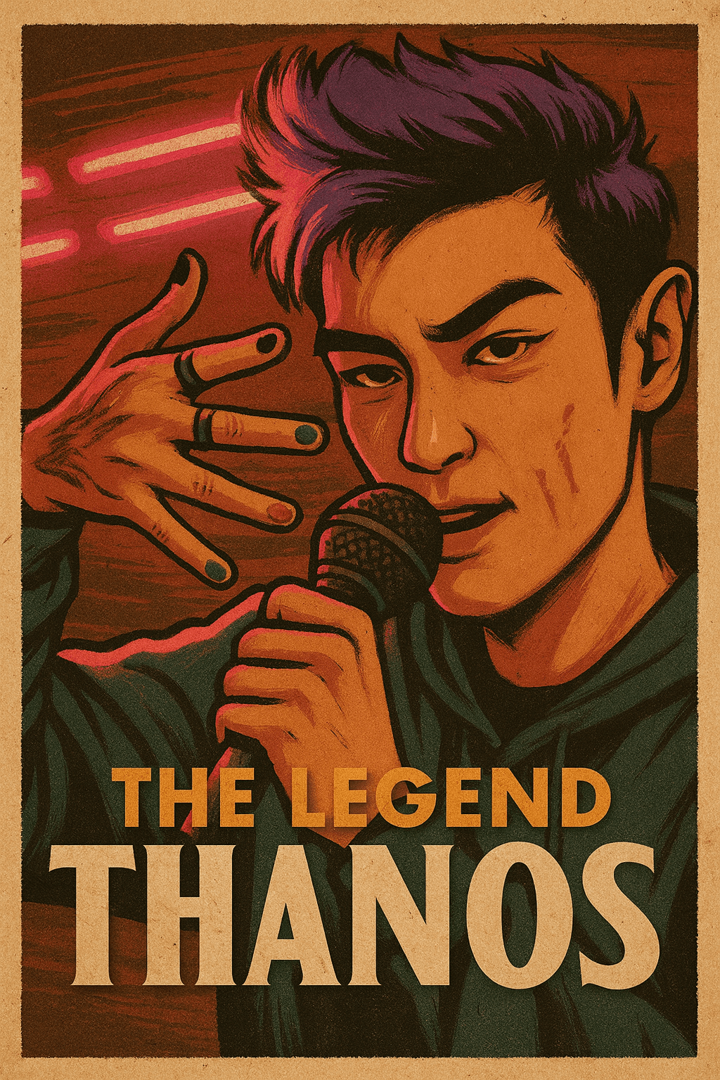 Stylised illustration of Thanos from Squid Game Season 3 with purple hair, rings, and a mic, posing like a rap icon