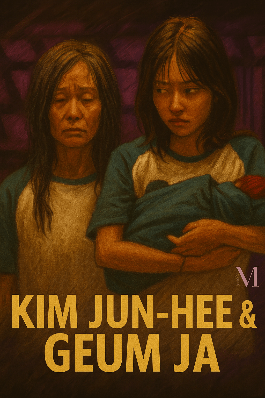 Emotional illustration of Kim Jun-Hee holding a baby beside her mother Geum Ja from Squid Game Season 3