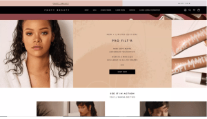 Screenshot of Fenty Beauty website showcasing the shade finder tool and personalised product drops based on user interaction
